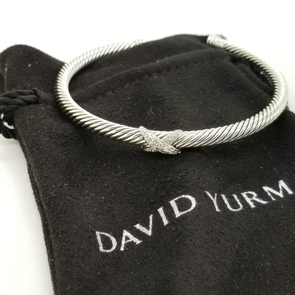 DAVID YURMAN Sterling Silver 4mm Classic Cable X Diamonds Bangle Bracelet LARGE